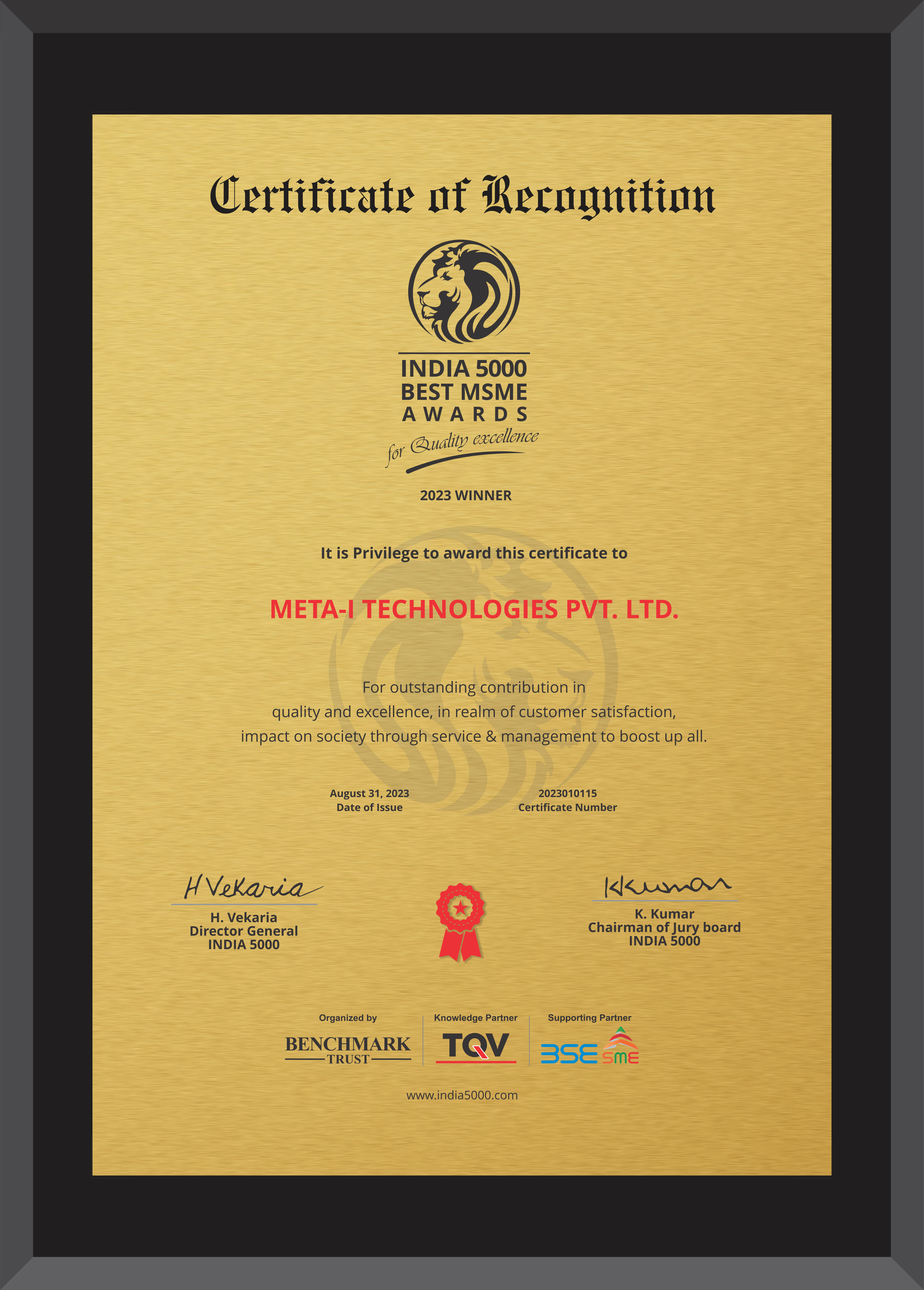 META-i Technologies Wins India 5000 Best MSME Award Winner 2023